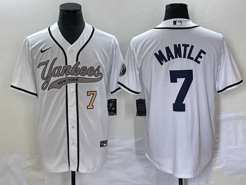 Men%27s New York Yankees #7 Mickey Mantle Number White With Patch Cool Base Stitched Baseball Jersey